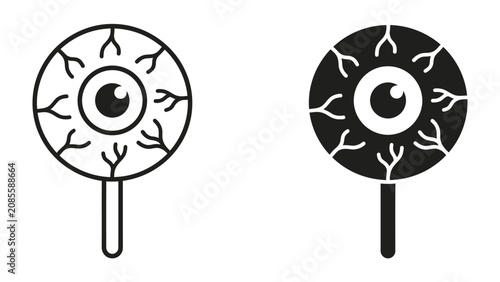 фотографія Eyeball Candy Lollipops: Two stylized lollipop designs shaped like an eyeball, one in outline and the other in solid black, representing a spooky treat for Halloween