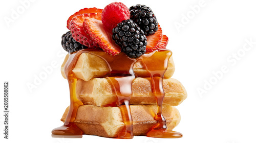 Quadro su tela Stack of Belgian waffles with fresh strawberries raspberries, and blackberries d
