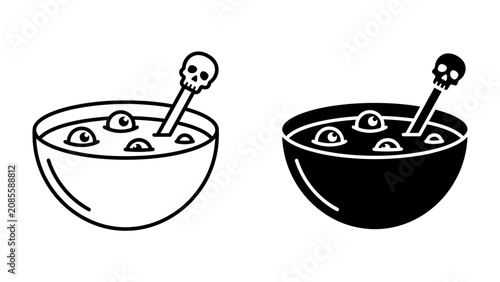 Schilderij op canvas Halloween Punch Bowl with Eyeballs: A festive Halloween punch bowl filled with a mysterious liquid and floating eyeballs, complete with a spoon topped with a skull, perfect for a spooky celebration