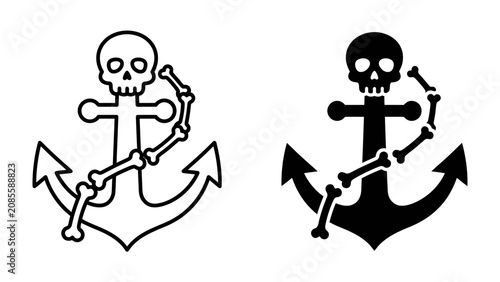 Obraz na plátně Anchor and Skull Icon: A striking graphic featuring an anchor entwined with a skeleton, presented in both outline and solid black styles, representing maritime danger or pirate symbolism