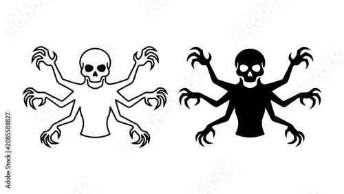 Konstfotografi Scary Six-Armed Skeleton: A menacing skeleton figure with six spindly arms and sharp claws, depicted in both outline and solid black silhouette