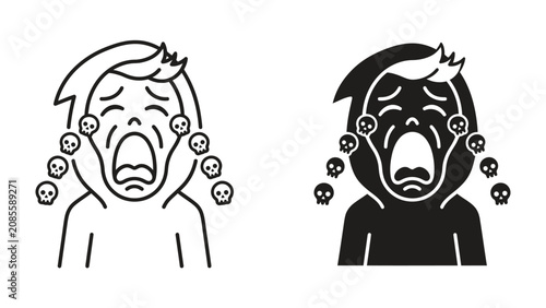 Foto Distress and Despair: The stark, graphic depiction of a person crying out in anguish, surrounded by tiny skull symbols, conveys extreme suffering and deep emotional pain