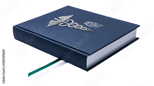 Blue hardcover book with Caduceus symbol and ribbons