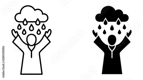 Obraz na plátně Rainy Days Blues: A person stands with arms raised under a heavy, dark cloud, experiencing a downpour, symbolizing despair and melancholy
