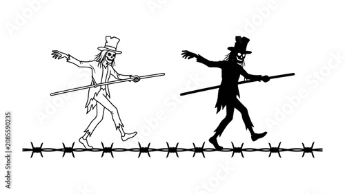 Photos Walking a Tightrope of Danger: A skeletal figure, dressed in a top hat and coat, precariously balances on a tightrope made of barbed wire