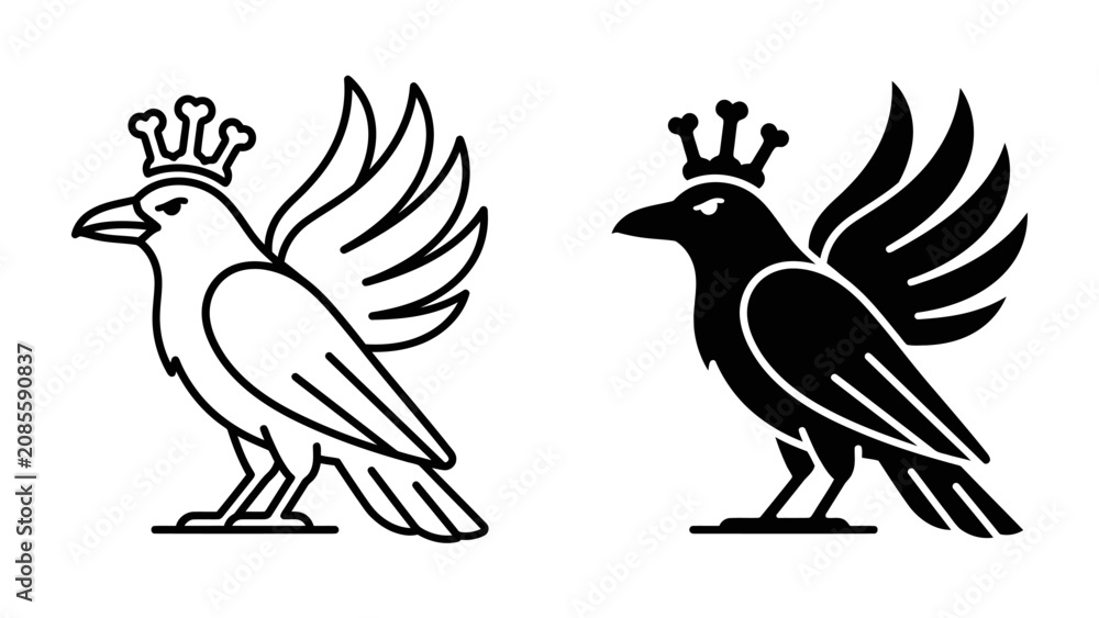 Fototapeta premium Majestic Raven King Icon: A stylized representation of a raven adorned with a crown, symbolizing royalty and power.
