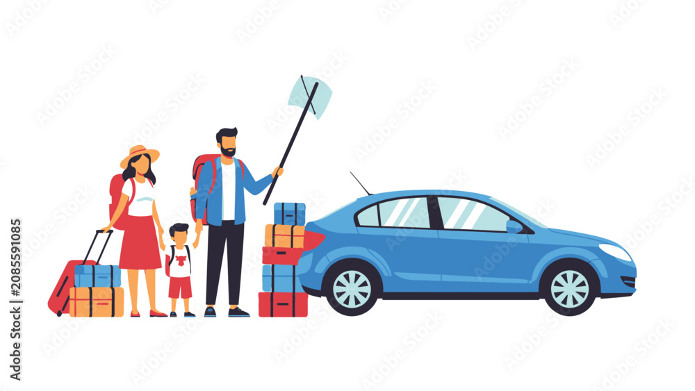 Naklejka premium Happy family of three, including parents and child, preparing for a summer road trip vacation, packing abundant luggage into a blue car. Flat illustration.
