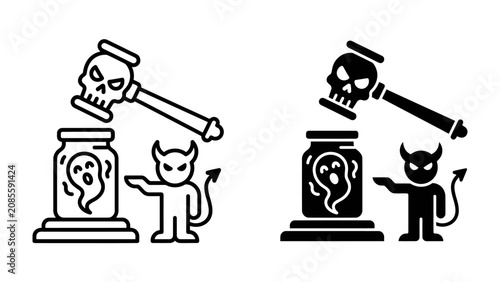 Fotografie Gavel of Justice and Fiend's Trial: A symbolic representation of a skull-adorned gavel poised over a jar containing a ghost, with a devil figure standing by