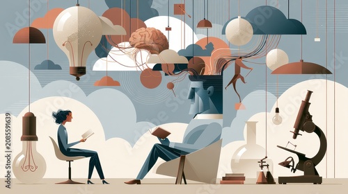 Human cognition problem solving critical thinking analytical reasoning intellectual growth focus on education concept theme whimsical Manipulation modern learning laboratory backdrop.