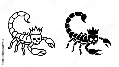 Cuadro en lienzo Scorpion with Crown Icon: A stylized illustration of a scorpion, featuring a regal crown atop its skull-like head, presented in both outline and solid black versions for versatile graphic design use