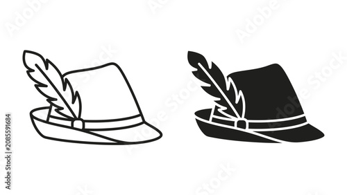 Quadro su tela Hunting Hat Icon: A stylized icon of a traditional hunting hat, adorned with a feather, presented in both outline and silhouette forms for versatile design use