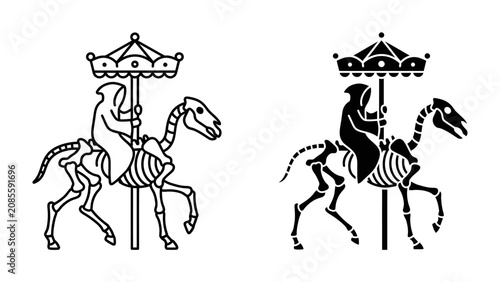 Grim Reaper on Skeleton Horse Carousel: A surreal and symbolic representation of a Grim Reaper figure riding a skeletal horse on a carousel, evoking themes of mortality and the passage of time.