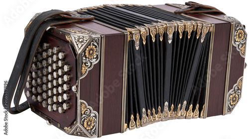 Tableau sur toile Antique wooden accordion with ornate metal details and leather strap