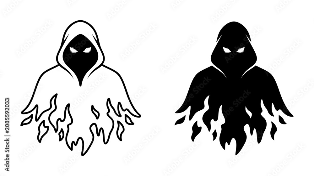 Αυτοκόλλητο Ethereal Figures: Two stylized figures shrouded in hoods with glowing eyes, one in outline and the other in silhouette, evoke mystery and the unknown
