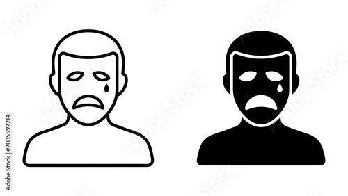 Fotografia Crying Face Icon: A minimalist depiction of a sad face, with tears streaming down, conveyed through simple line art and a silhouette