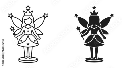 Tableau sur toile Fairy Icon Set: Two stylized fairy icons, one outlined and one solid silhouette, depict a magical creature with wings, crown, and wand, ready to cast a spell