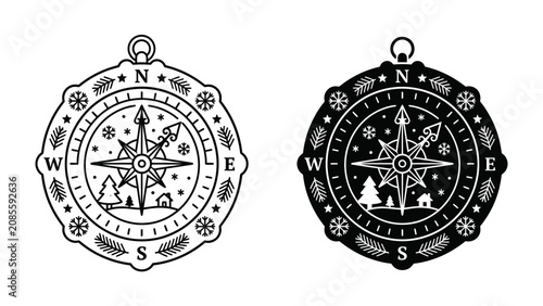Bild auf Leinwand Winter Compass Illustration: Two ornate compass illustrations, one in black and white, the other inverted, display a stylized winter scene with fir trees and snowflakes