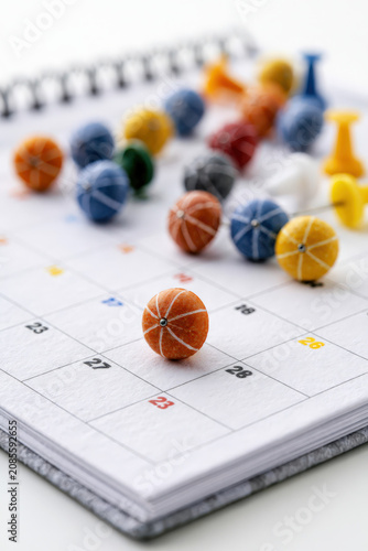 Colorful pins rest on a calendar page