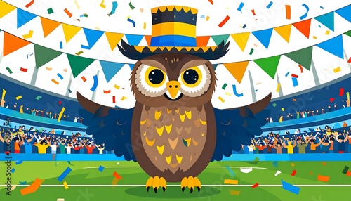 Owl perched on colorful patterned fabric background.