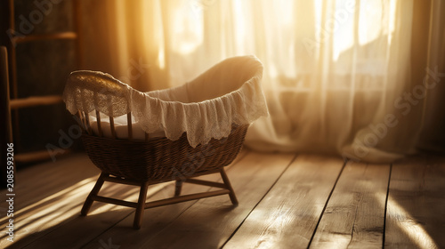 Wicker baby bassinet in sunlit nursery with cozy interior