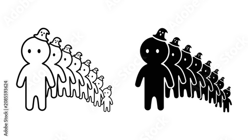 Принти на полотні Spooky Figures Marching: Two rows of simple, stylized figures wearing witch hats march in unison