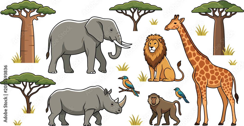 Obraz premium Adorable safari wildlife collection with wild jungle creatures and acacia trees for children zoo education nursery design and travel banner graphics
