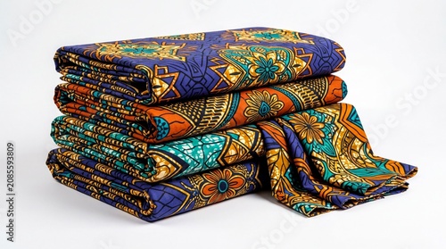 textile patterns, vibrant folded ankara fabric showcasing intricate wax prints on white