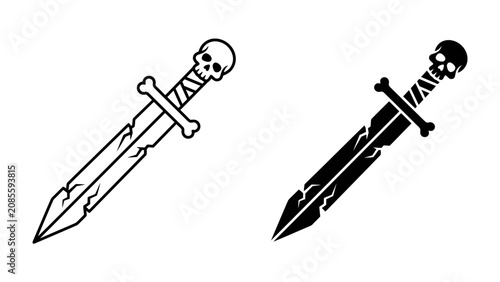 Fotografie Skull Sword Icon: A stylized illustration of a sword with a skull on its pommel and crossbones as a guard, presented in both outline and solid black versions