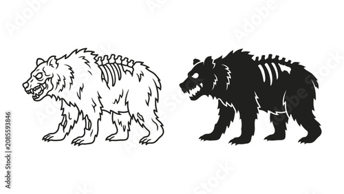 Εκτύπωση καμβά Skeleton Bear Duo: A skeletal bear, depicted in both line art and silhouette, reveals its bony structure, embodying a fierce and striking visual