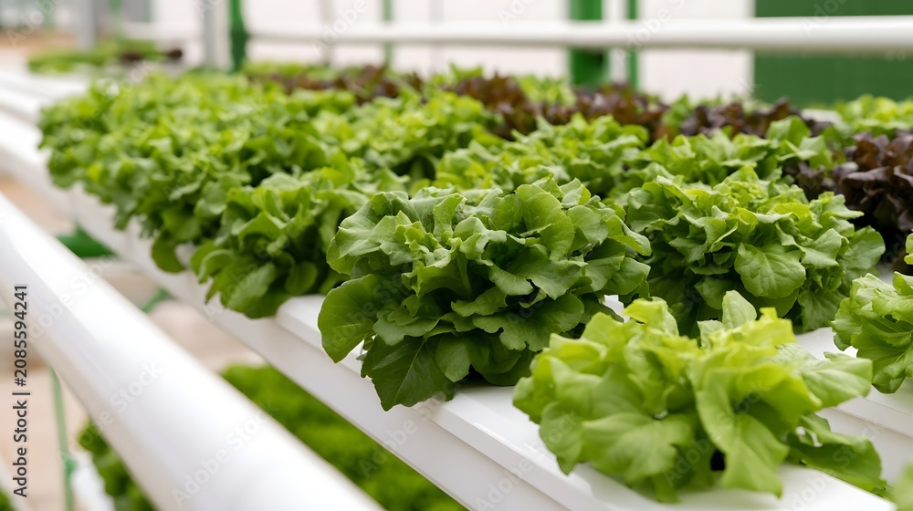 Fototapeta premium Rows of fresh green lettuce plants growing on white hydroponic beds under bright controlled lighting
