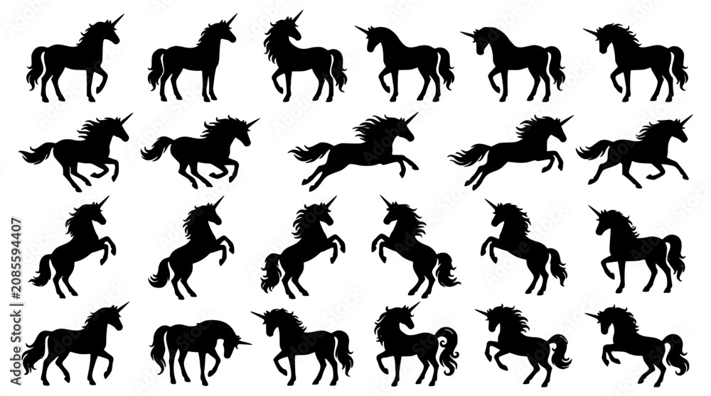Obraz premium Magical unicorn silhouette icon collection with running jumping rearing and standing mythical fairy tale horse shapes