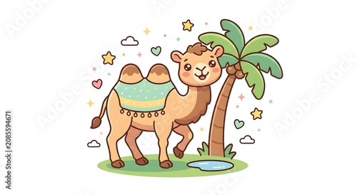 Adorable cartoon camel standing next to a palm tree oasis