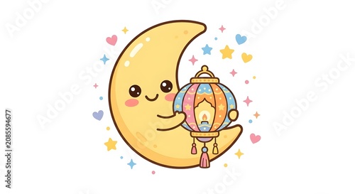 Cute crescent moon holding a decorative lantern with stars and hearts