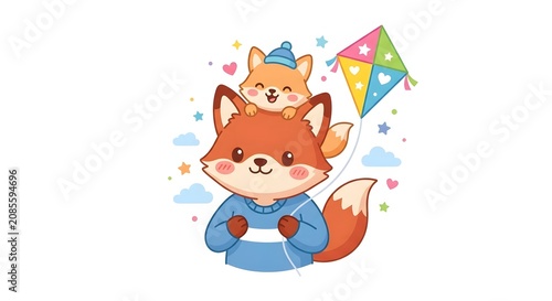 Cute kawaii fox carrying cub while flying a colorful kite