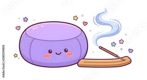 Cute purple cushion and incense stick for peaceful relaxation