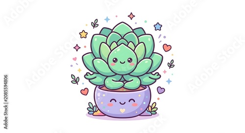 Kawaii meditating succulent character in a happy purple pot with stars