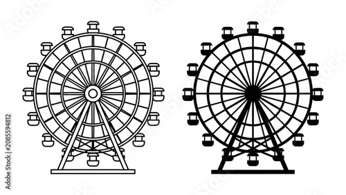 Foto Ferris Wheel Icon Pair: A set of two identical Ferris wheel icons, one outlined and one filled silhouette, showcasing the classic amusement park ride