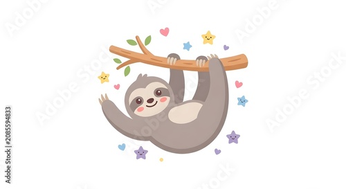 Adorable kawaii sloth relaxing on a branch with stars and hearts