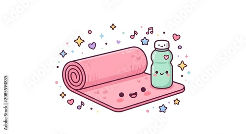 Kawaii pink yoga mat and water bottle characters with stars