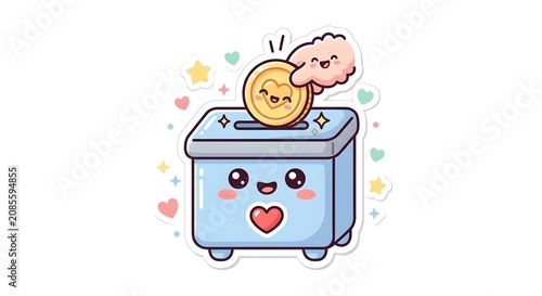 Kawaii charity donation box with smiling heart coin and cloud hand