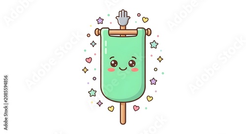 Cute kawaii green banner with hamsa hand and stars