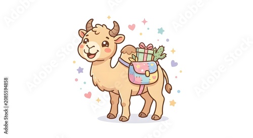 Cute kawaii camel carrying a gift and cactus in a colorful bag