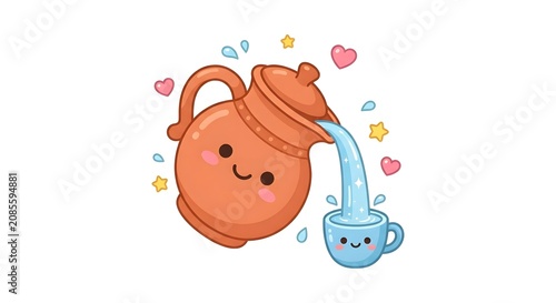 Cute teapot character pouring water into a small blue cup