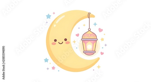 Kawaii crescent moon character with a hanging lantern and stars