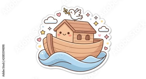 Smiling wooden ark sticker with a white dove floating on waves