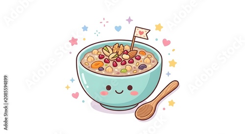Cute kawaii bowl of healthy breakfast oatmeal with nuts and seeds