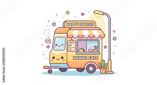Adorable kawaii food truck trailer with smiling faces and snacks