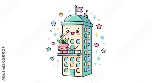 Kawaii city building character holding a happy potted plant