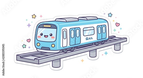 Cute blue commuter train character on elevated tracks