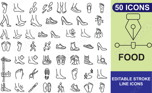 Footwear And Food Icons Editable Stroke Line Art On Light Green